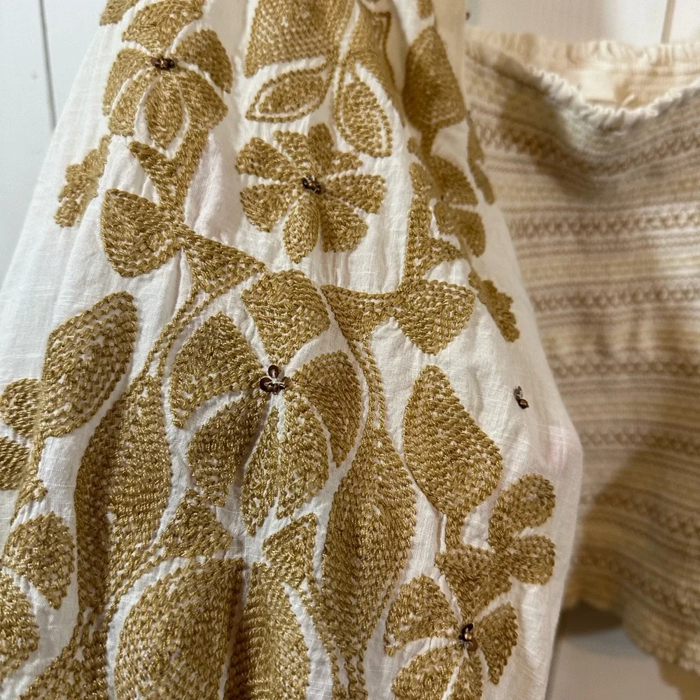 Anthropologie white Womens blouse, with tan embroidery and small brown sequins - Picture 2 of 9